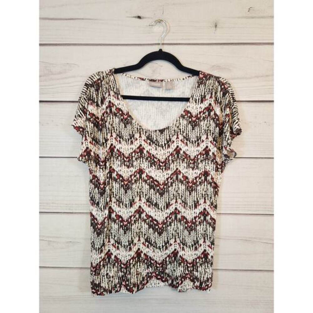 Chico's Womens Multicolor Abstract Stretch Short Sleeve Scoop Neck Blouse Size M